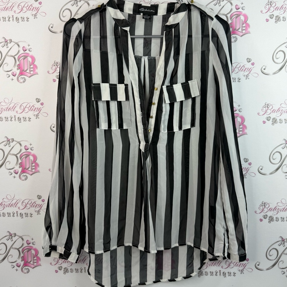 Seductions button up stripes gold button Chic Striped Black and White Blouse